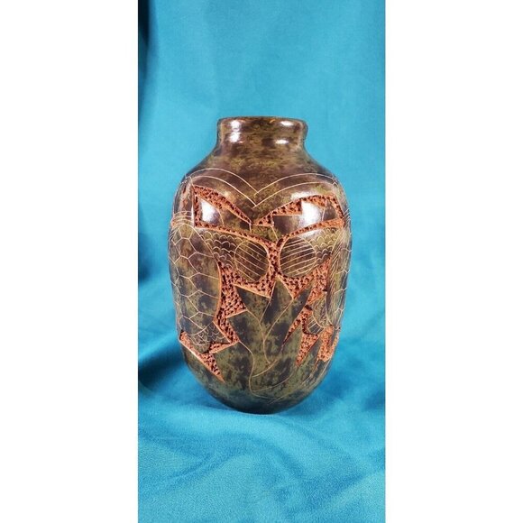 Nicaraguan Sgraffito Pottery Vase Hand Carved Etched Signed Green Sea Turtle 7" - Picture 11 of 12